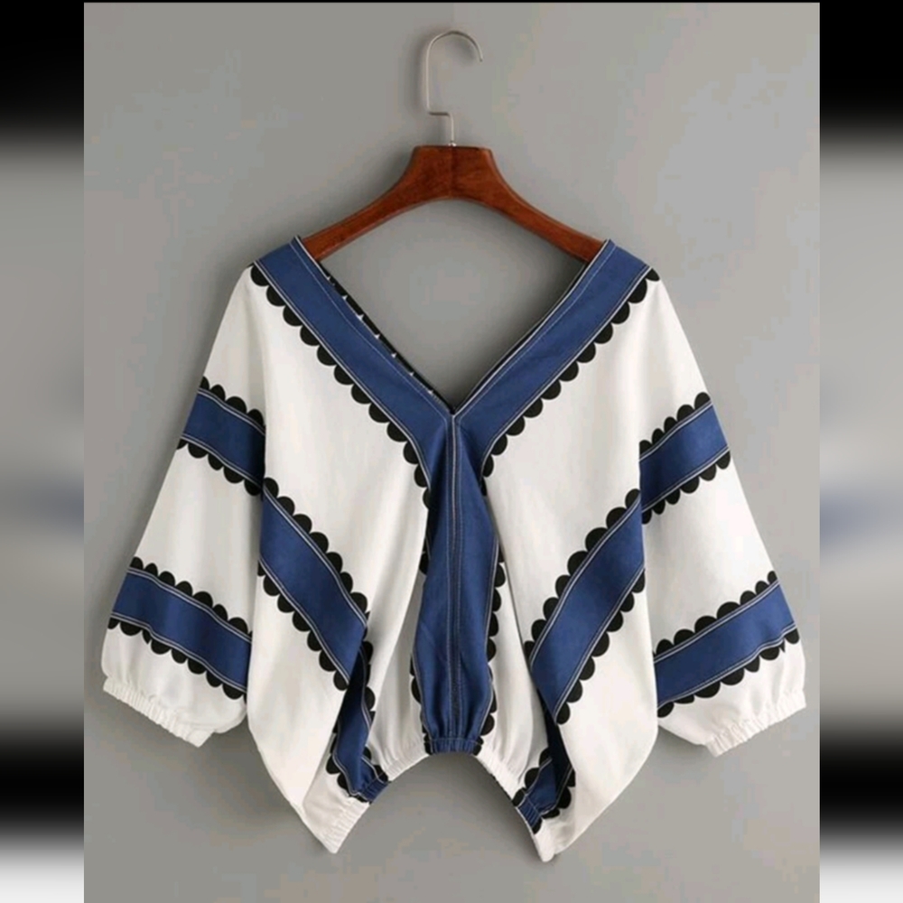 Double v batwing blue and white stripes blouse